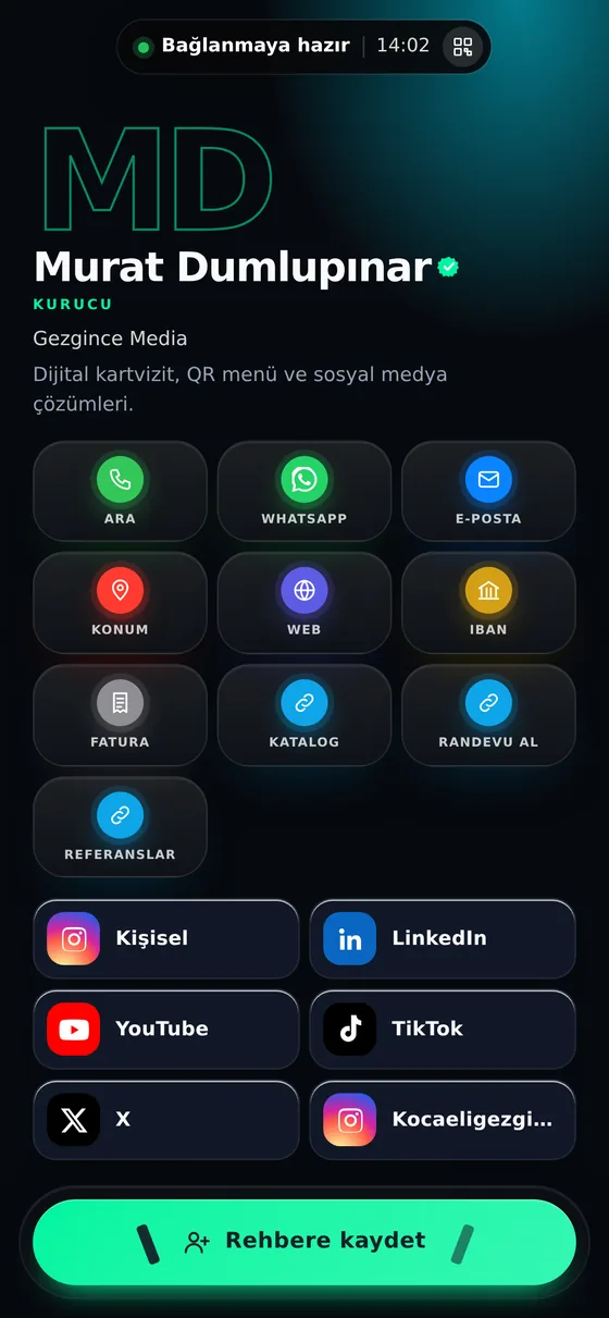 Cyberpunk Synapse teması ile hazırlanmış Kartvi kartvizit ekranı